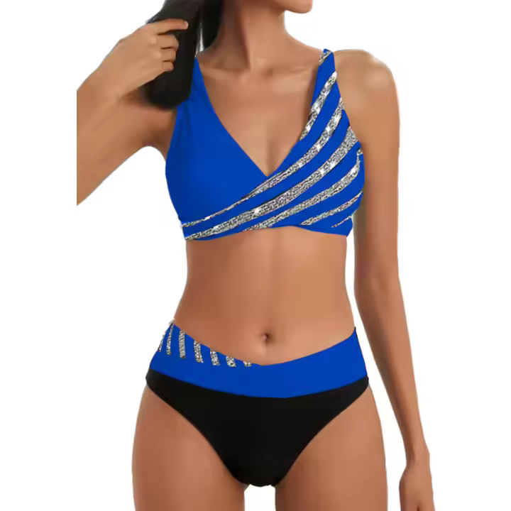 Traje de baño sexy para mujer, bikini brasileño de malla a rayas, conjunto de bikini para mujer, traje de baño con lazo en U, conjunto, - 1