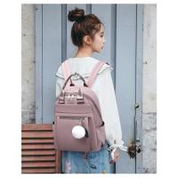 Mochila ligera e impermeable para mujer, bolso de viaje informal, Bola de felpa bonita, color rojo, azul y negro - details 2