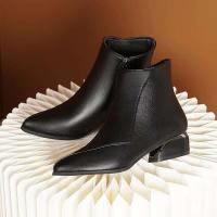 Nuevas botas nude de cuero puntiagudas para mujer con cremallera lateral y tacón cuadrado para mayor calidez, chaqueta cómoda y sólida multifuncional - details 1