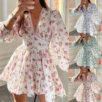 Vestido de primavera de manga larga corto plisado con cuello en V y estampado dulce elegante para mujer - details 1