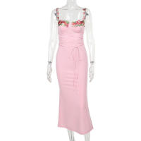 Vestido largo Floral sin mangas con espalda descubierta para mujer, traje Sexy de vendaje con cordones, ajustado para fiesta - details 5