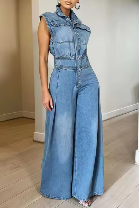 Mono vaquero de pierna ancha para mujer, peto informal de mezclilla con cuello vuelto, Sexy - 1