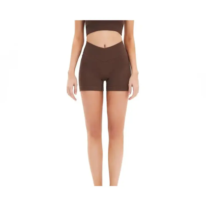 Pantalones cortos de yoga para mujer, pantalones cortos de fitness, pantalones cortos elásticos acanalados con cintura en forma de V de color sólido sin costuras, pantalones cortos con cuerda para saltar - 1