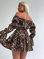 Conjunto de Pijama de Patrón de Leopardo para Mujeres Marthaqiqi Cuello Redondo Barco, Manga Larga, Shorts, Camisola - details 4