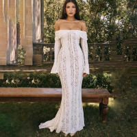BUNO-Oligai elegante vestido ajustado con hombros descubiertos 2025 nuevo en blanco vestido largo de encaje con mangas acampanadas vestido de invitados de boda para mujer - details 9