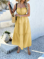 2025 primavera y verano casual color sólido estilo bohemio de vacaciones vestido de tirantes de empalme de cintura alta - details 3
