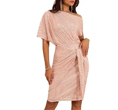 Rimming sparkle party club vestido un hombro plisado vestido de brinde moda - 1