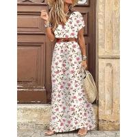 Vestido Maxi Floral Elegante con Cuello en V - Estilo Chic de Verano con Cinturón, Tela Tejida Durable y de Fácil Mantenimiento - details 5