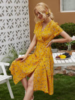 Summer floral print women boho short sleeve v neck split elegant a line party beach dress - details 33