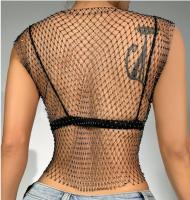 Top corto de malla con diamantes de imitación para mujer, chaleco Sexy con hombros descubiertos, ajustado, transparente, elástico, talla grande, Blanco, Negro, beige, Verde - details 2