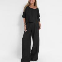 Conjunto de playa con pantalones de bolsillo informales y a la moda, Top de manga corta de primavera y verano, dos piezas de Color sólido de algodón y lino para mujer - details 4