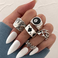 Conjunto de anillos de billar de póker de color plateado Vintage Punk para mujer Anillos de corazón gótico Hip Hop Y2k joyería de regalo masculina de moda coreana - details 13