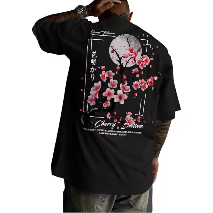 GORGLITTER Camiseta con estampado de letras japonesas para hombre, camiseta de manga corta de gran tamaño, informal, con estampado estético - 1