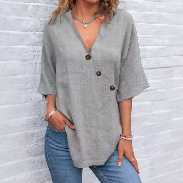 Top liso, camisa holgada informal, moda de verano, camisetas de fiesta de manga corta con cuello en V, camisas, ropa de mujer - 1
