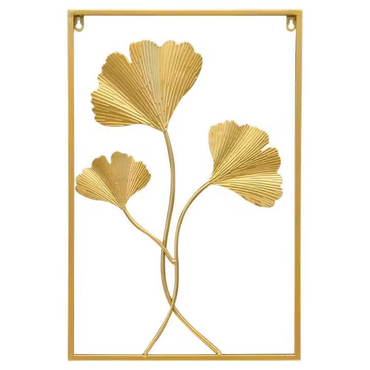 Decoración de pared nórdica para el hogar, colgante de pared de macramé, Metal redondo dorado, hoja de Ginkgo, pegatinas de pared, decoración decorativa de repisas de pared - 1