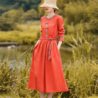 Elegante Vestido Rojo Vintage de Algodón Lino Moda Casual Suelta para Mujeres en Primavera Otoño - details 4