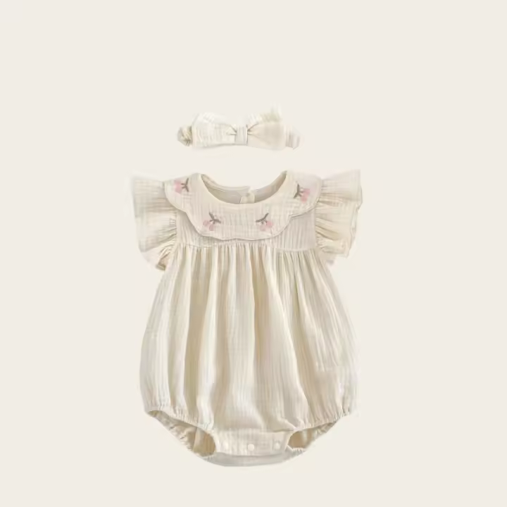 Pelele bordado floral con mangas con volantes de algodón para niñas de 0 a 2 años y diadema a juego, traje adorable y cómodo para bebés - 1