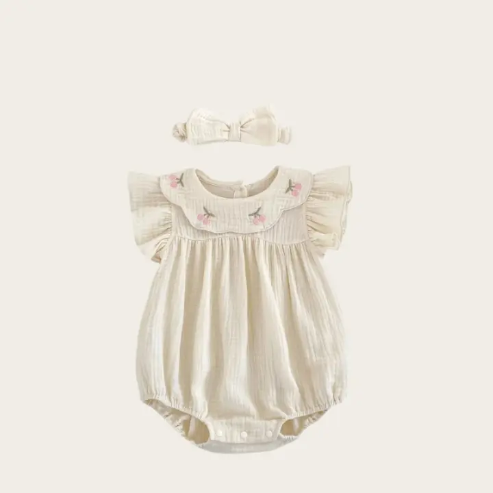Pelele bordado floral con mangas con volantes de algodón para niñas de 0 a 2 años y diadema a juego, traje adorable y cómodo para bebés - 1