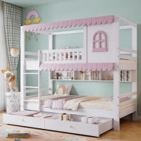 Litera, Cuna Con ventanas, con protector abatible, Estante abierto, Cueceras rosas, Dos cajones con ruedas, Mucho espacio de almacenamiento, Pino+MDF, Blanco+Rosa, 90x200cm - details 1