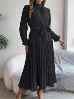 Vestido plisado elegante con cuello levantado y manga larga y cintura cerrada para mujer, vestido largo de Otoño Invierno - details 3