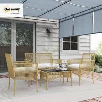 Juego de muebles de terraza de ratán de 4 piezas con 1 sofá de 2 plazas, 2 sillones, cojines y 1 mesa de centro de vidrio para patio, color natural y beige. - details 2