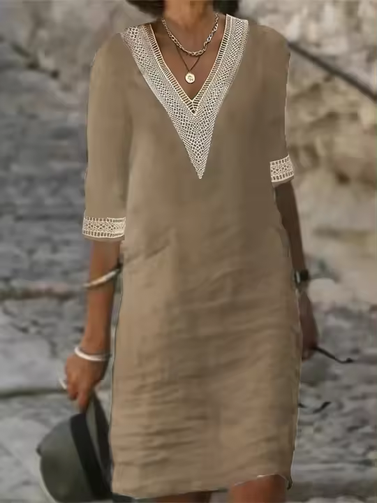 Nuevo vestido elegante de manga media con cuello en V de color sólido - 1