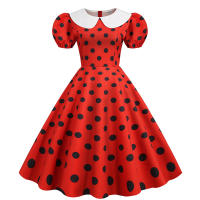 Puff short sleeve polka dot vintage women summer peter pan collar elegant a-line midi party dress - details 1