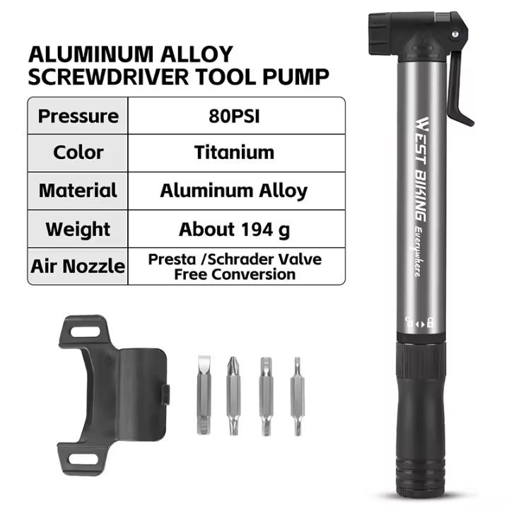 WEST BIKING-bomba portátil de aleación de aluminio para bicicleta, válvula Schrader Presta, Inflador de neumáticos con destornillador, herramienta de 80 PSI, accesorios para bicicleta - 1