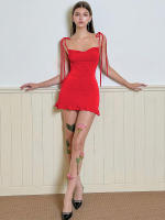 Vestido corto ajustado de verano, sexy, con tirantes finos, fruncido, espalda descubierta, lazo y volantes para mujer - details 0
