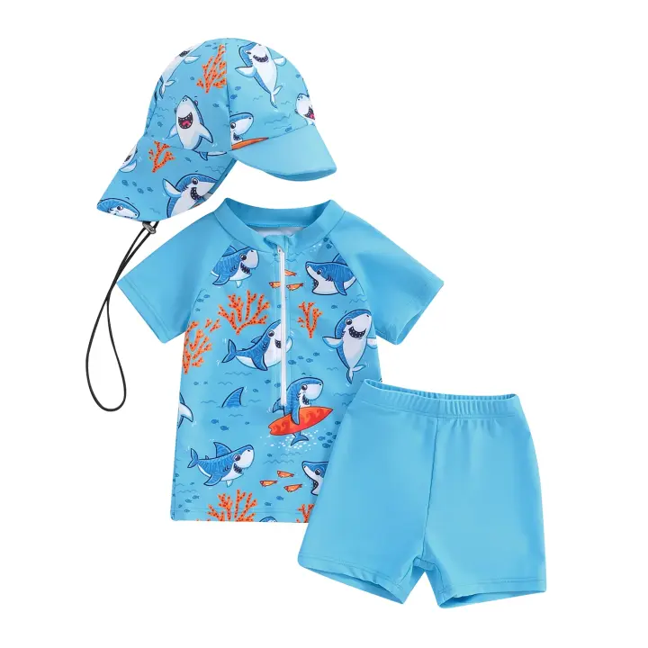 Bañador de manga corta para bebé, conjunto de ropa de playa estampada, gorro, pantalón corto, 3 piezas - 1