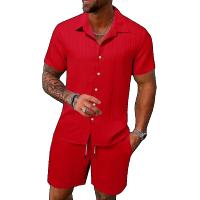 Conjuntos de 2 uds para hombre, traje informal con estampado 3D de rayas de color sólido, camisa, pantalones cortos con botones para playa, ropa de calle, camisa, traje de dos piezas para vacaciones - details 0