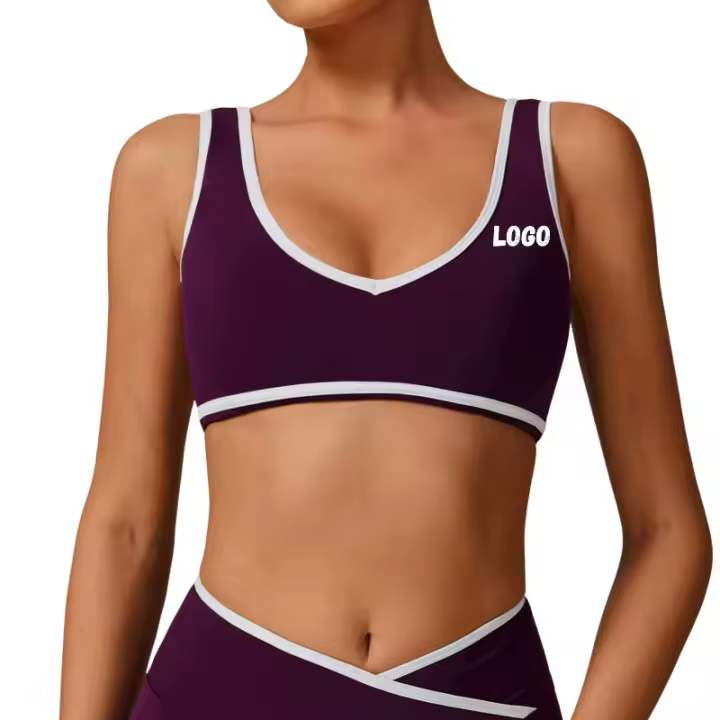 Sujetador deportivo decorativo con contraste y cuello en V, top corto de entrenamiento inalámbrico grueso, ropa deportiva para gimnasio, yoga y correr - 1
