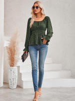 Top informal de manga con volantes para mujer, Top con cuello redondo y cintura, Color liso, otoño e invierno, 2023 - details 14