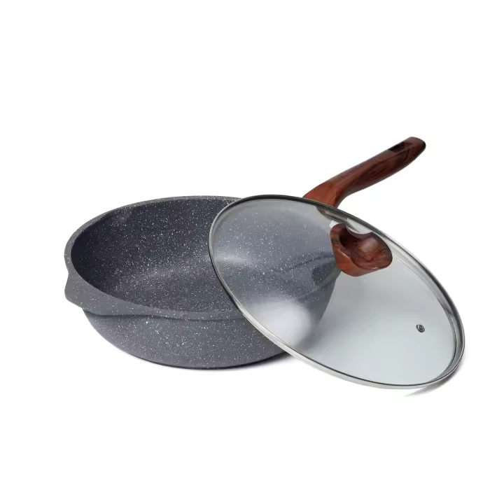 RIOVARM 30cm Poêle à frire haute Induction, Antiadhésive Poêle à frire avec couvercle, Granit Poêles à œufs sans PFOA, Poêle à omelette avec poignée en bakélite Woodgrain, Articles de cuisine Cadeau - 1