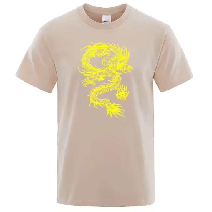 Camiseta holgada de algodón para hombre, ropa de calle grande, transpirable, estampado de dragón amarillo, estilo chino - 1