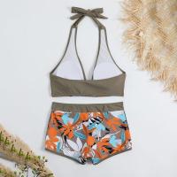 Bikini abierto con estampado de hojas retro en talla grande, conjunto de traje de baño de dos piezas con correas estables para mujer - details 28