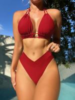 Bikini Sexy de color puro, traje de baño de 2 piezas con lazo en el cuello, en forma de V, novedad de 2024 - details 18