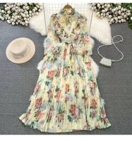 Elegante vestido midi de manga larga con corte en A y falda plisada, cintura ceñida, dobladillo de gasa, estampado floral coreano Sle Commute - details 30