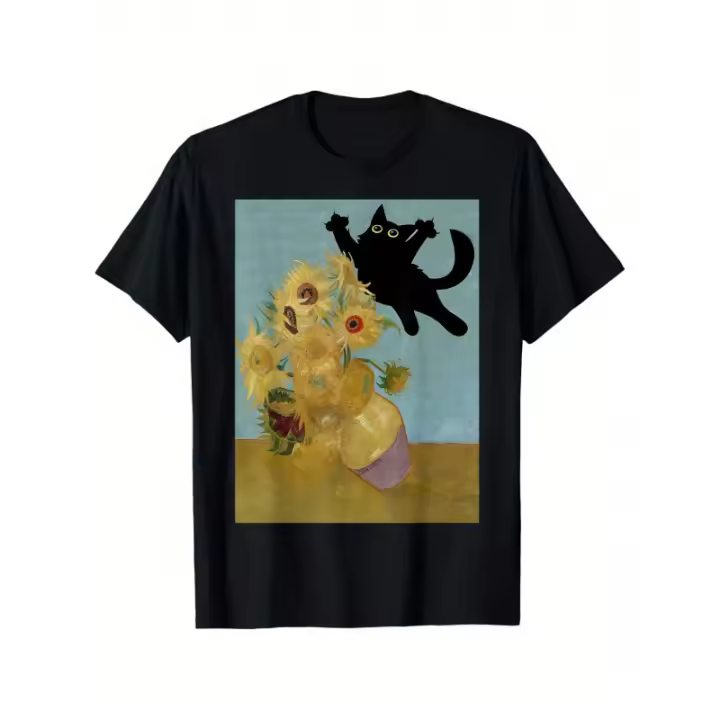 Camiseta de girasoles con cuello redondo de algodón, camiseta negra para mujer, camiseta de manga corta, camisas, camisetas de mujer - 1