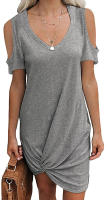 Vestido de manga corta para mujer, camiseta retorcida con hombros descubiertos, Color sólido, verano europeo y americano, primavera y verano - details 6