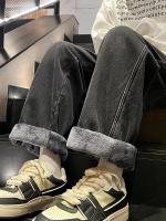 Pantalones vaqueros de invierno para hombre, pantalones vaqueros rectos gruesos y cálidos a la moda, pantalones vaqueros de pierna ancha de algodón lavado Retro Azul - details 5
