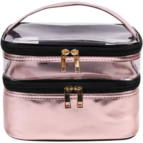 Bolsa de maquillaje portátil de doble capa, neceser impermeable, neceser de viaje de gran capacidad, neceser con compartimento para brochas - 1