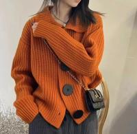 Cárdigan de lana suave para mujer, chaqueta con cuello grande con botones, suéter de punto acanalado - details 6