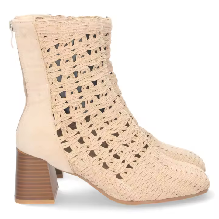 Botines de tacón para mujer, cómodos, punta redonda, material entrelazado, cierre de cremallera, tacón, primavera, verano. - 1