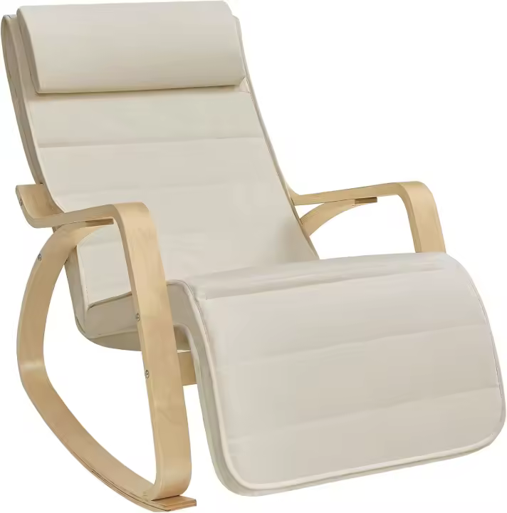 Silla Mecedora, con Brazos de Madera de Abedul, Silla Mecedora con Reposapiés Ajustable en 5 Posiciones, Máx. Carga de 150 kg, Dormitorio, Salón, Beige y Natural LYY10M - 1