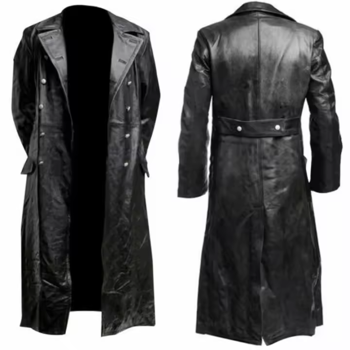 Cortavientos largo de talla grande para hombre, chaqueta de doble botonadura, abrigo de cuero militar alemán para COSPLAY - 1