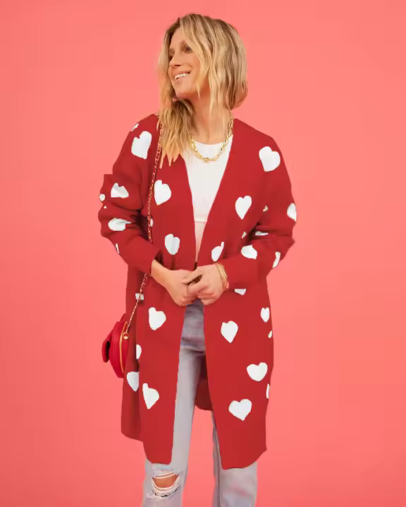 Cárdigan largo de punto para mujer - Abrigo suéter maxi suelto del día de San Valentín, chaqueta cálida de ganchillo de invierno, jersey de gran tamaño bohemio grueso de primavera - 1