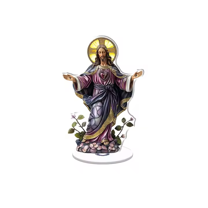 Expositor giratorio de acrílico que muestra un Sagrado Corazón de Jesús en vidrieras con un marco de lavanda y azul medianoche rodeado de enredaderas y pétalos. - 1