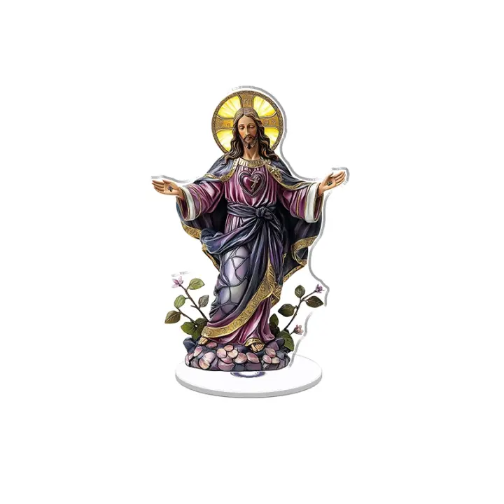 Expositor giratorio de acrílico que muestra un Sagrado Corazón de Jesús en vidrieras con un marco de lavanda y azul medianoche rodeado de enredaderas y pétalos. - 1