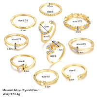 Juego de 10 Anillos Dorados Estilo Bohemio para Mujeres Moneda, Serpiente, Luna, Estrella - details 1
